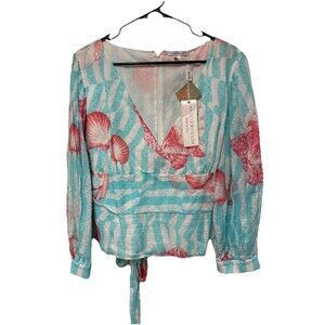 Hollywould Blouse Women 44 Top Boho Coral Aqua New V Neck Long Sleeve Tie Zip